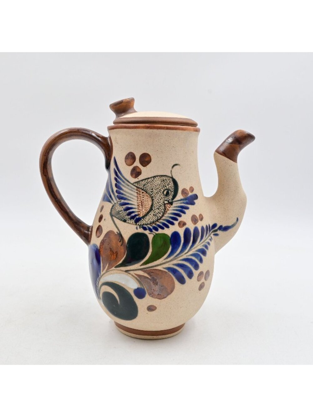 Tonala Mexican Pottery Teapot Vintage Hand Painted Folk Art Bird Coffee Pitcher
